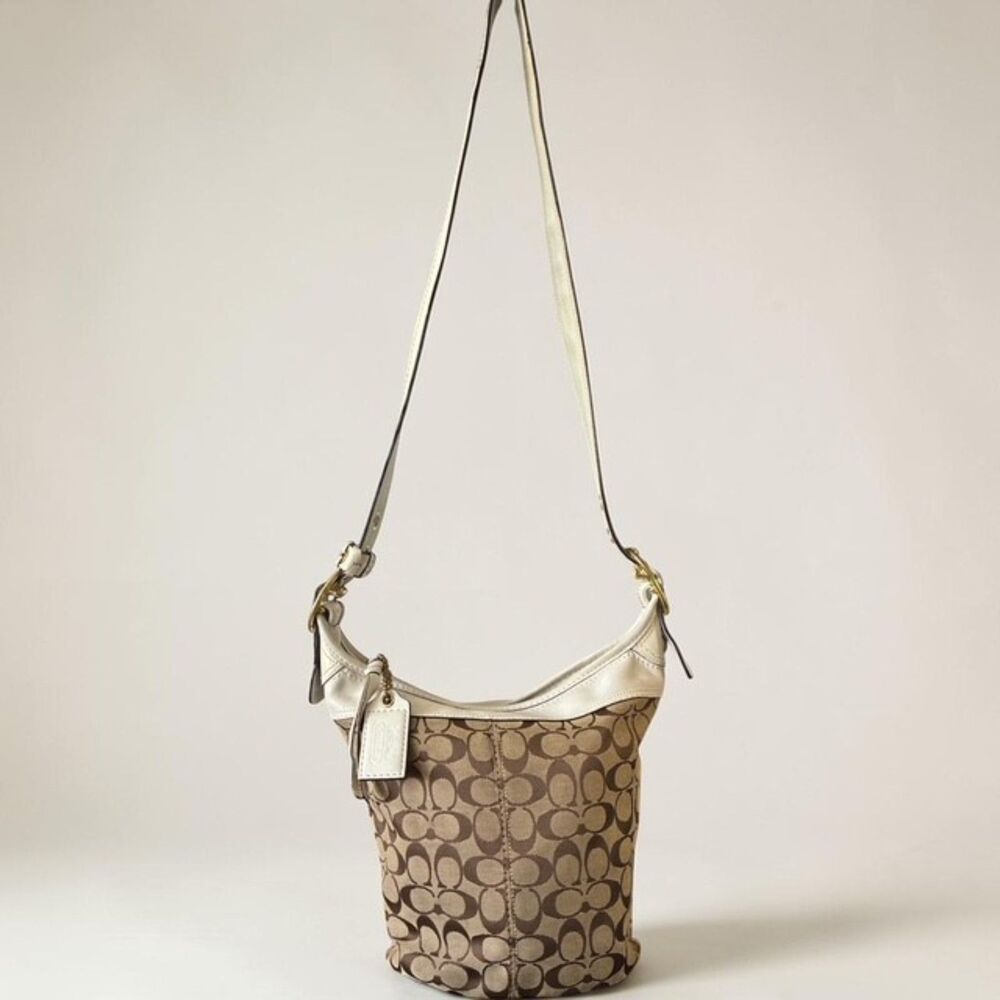 Coach Vintage Carly Demi Hobo Pouch Khaki Signature Canvas White Leather Bag